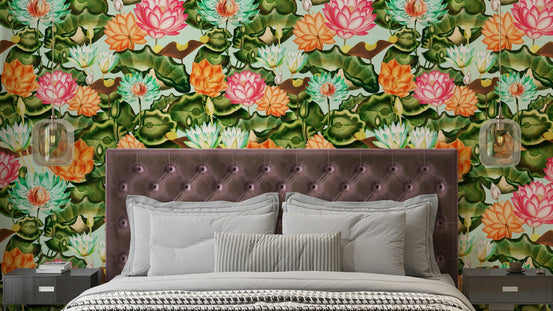 Water Lily Dreams Wallpaper with delicate lilies floating on a calm pond.

