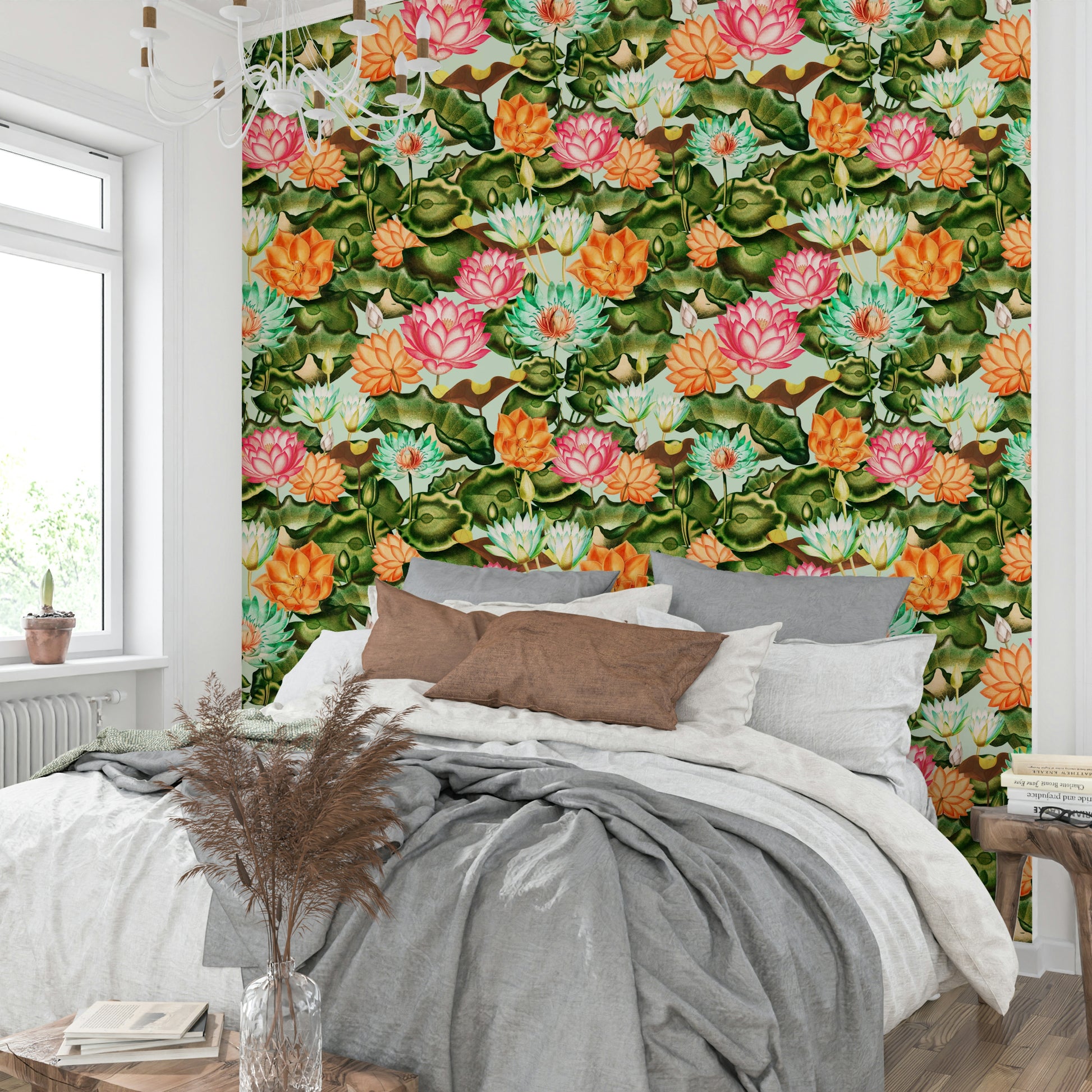  Close-up view of water lilies and cool blue tones in Water Lily Dreams wallpaper.

 