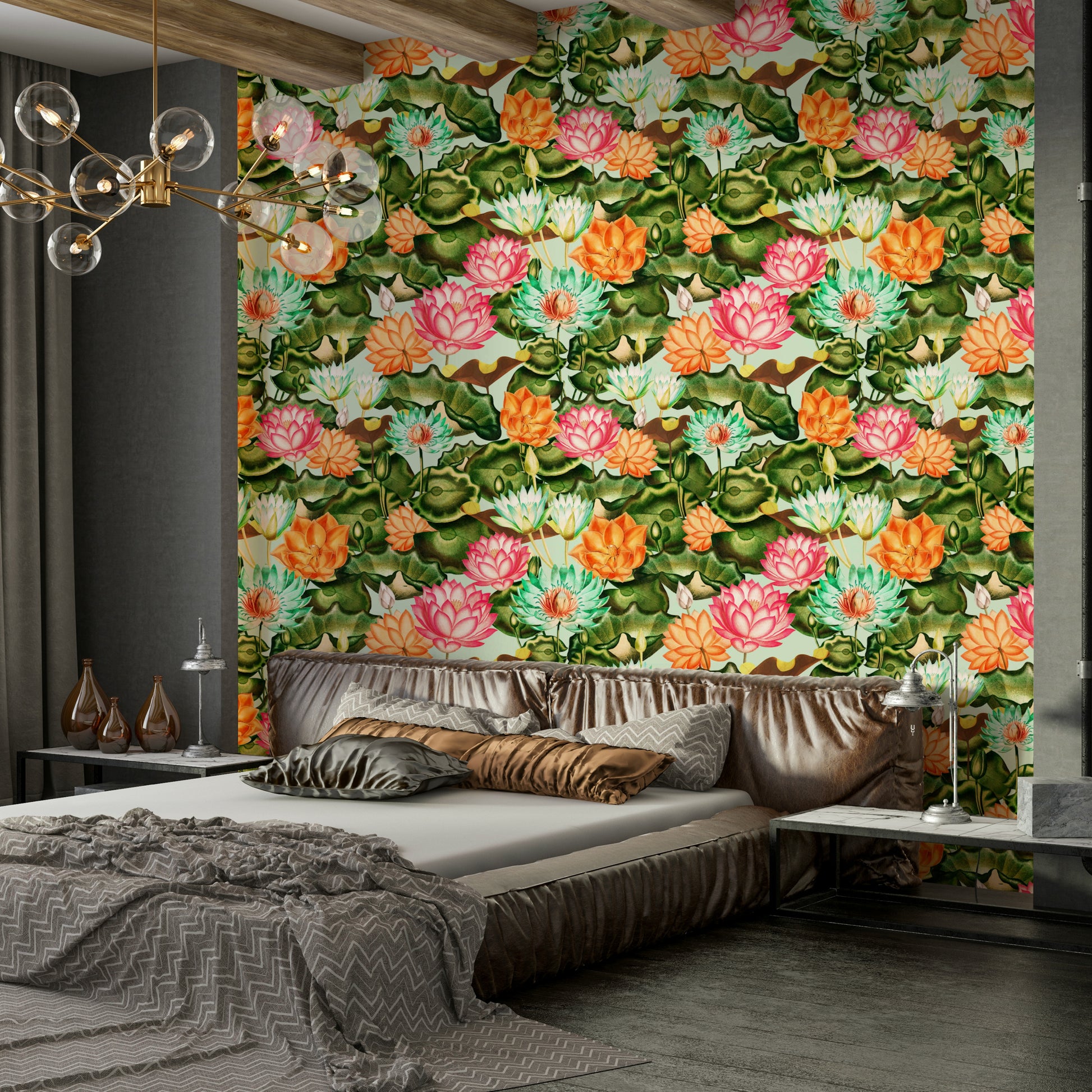 Elegant floral wallpaper mural with soft water lilies and reflective water.

