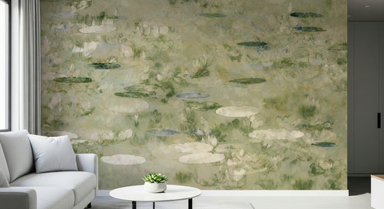 Water Lily Dreams wallpaper mural of an impressionist green lily pond behind a white sofa in a calm living room