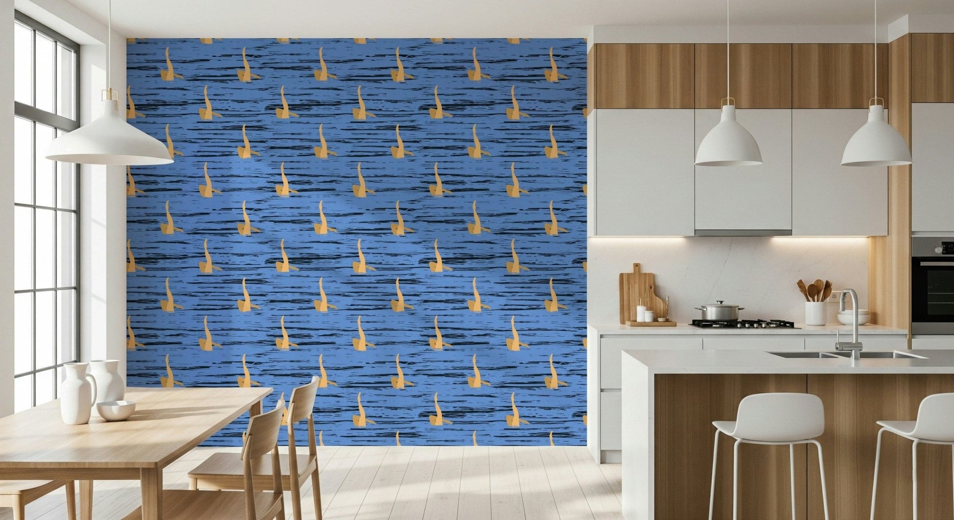 Water-inspired wallpaper with rhythmic black strokes and repeating gold abstract elements.