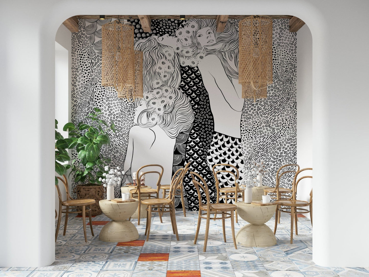 Water Serpents wallpaper mural behind bentwood chairs and rattan pendants in a tiled cafe lounge