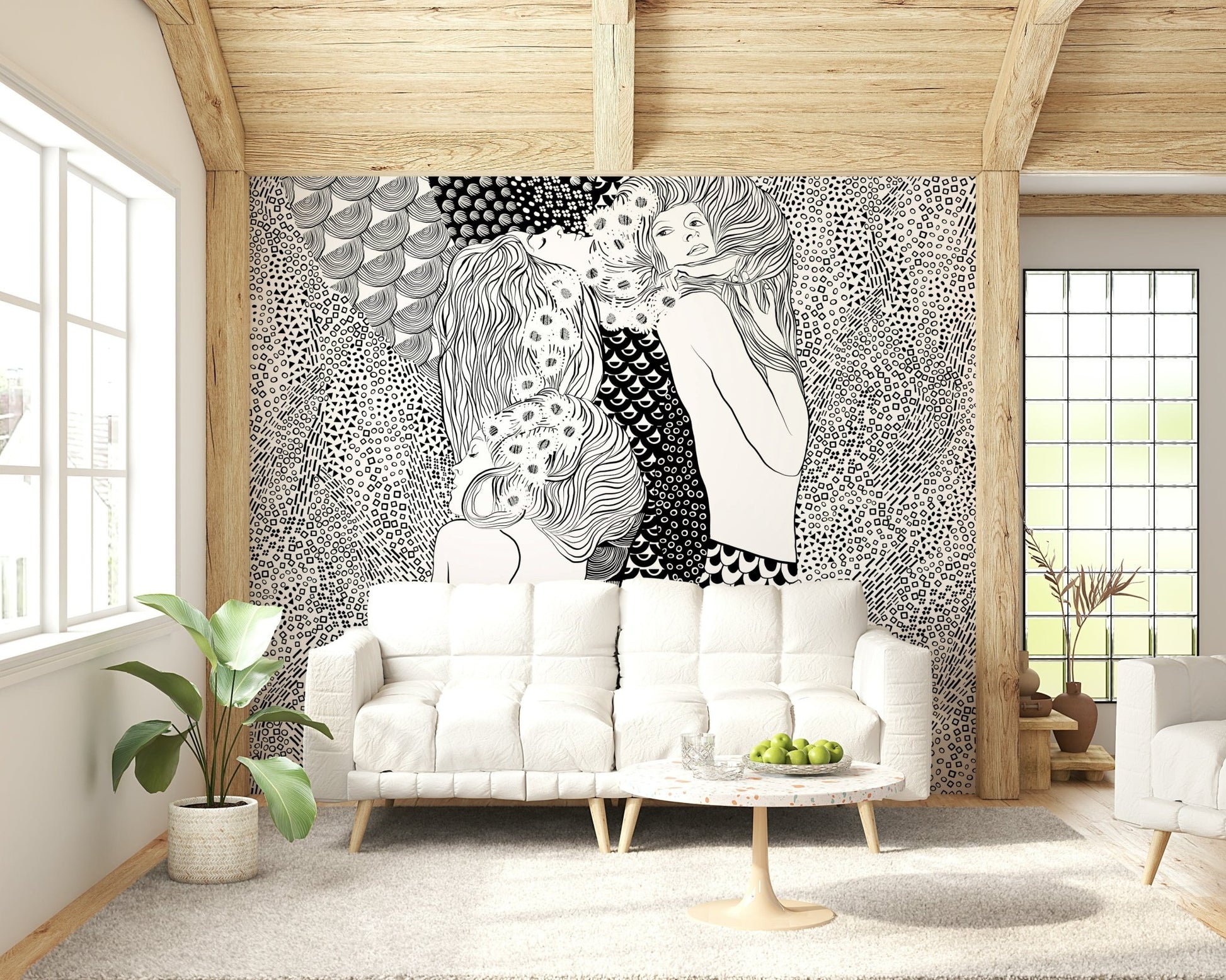 Water Serpents wallpaper mural in black and white behind a white sofa under a wood-beam ceiling