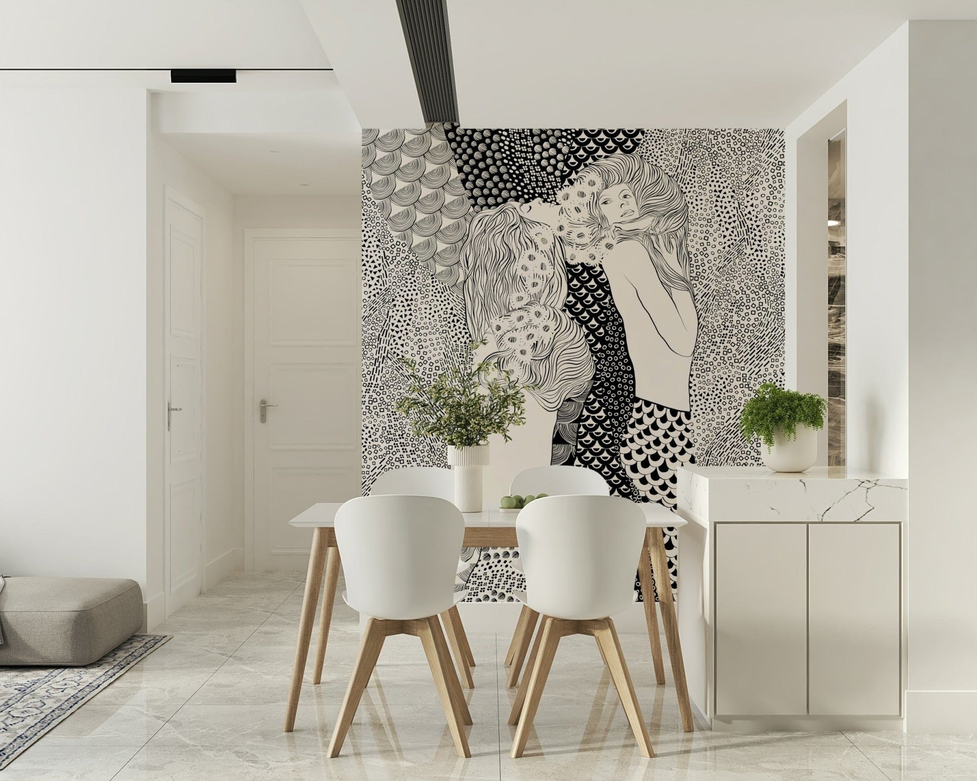 Water Serpents wallpaper mural in monochrome behind a white dining table and chairs in a bright nook