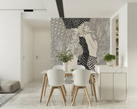 Water Serpents wallpaper mural in monochrome behind a white dining table and chairs in a bright nook
