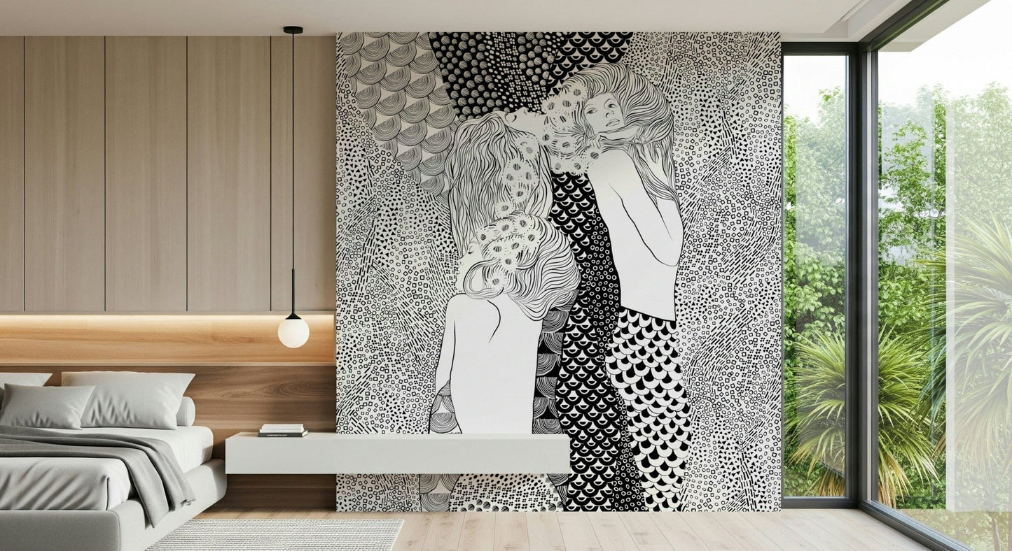 Water Serpents wallpaper mural of two line-art women behind a low gray platform bed in a modern bedroom