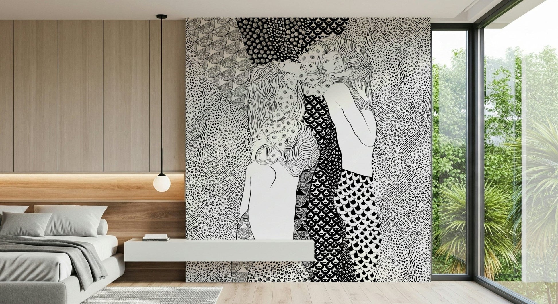 Water Serpents wallpaper mural of two line-art women behind a low gray platform bed in a modern bedroom