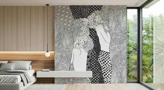 Water Serpents wallpaper mural of two line-art women behind a low gray platform bed in a modern bedroom