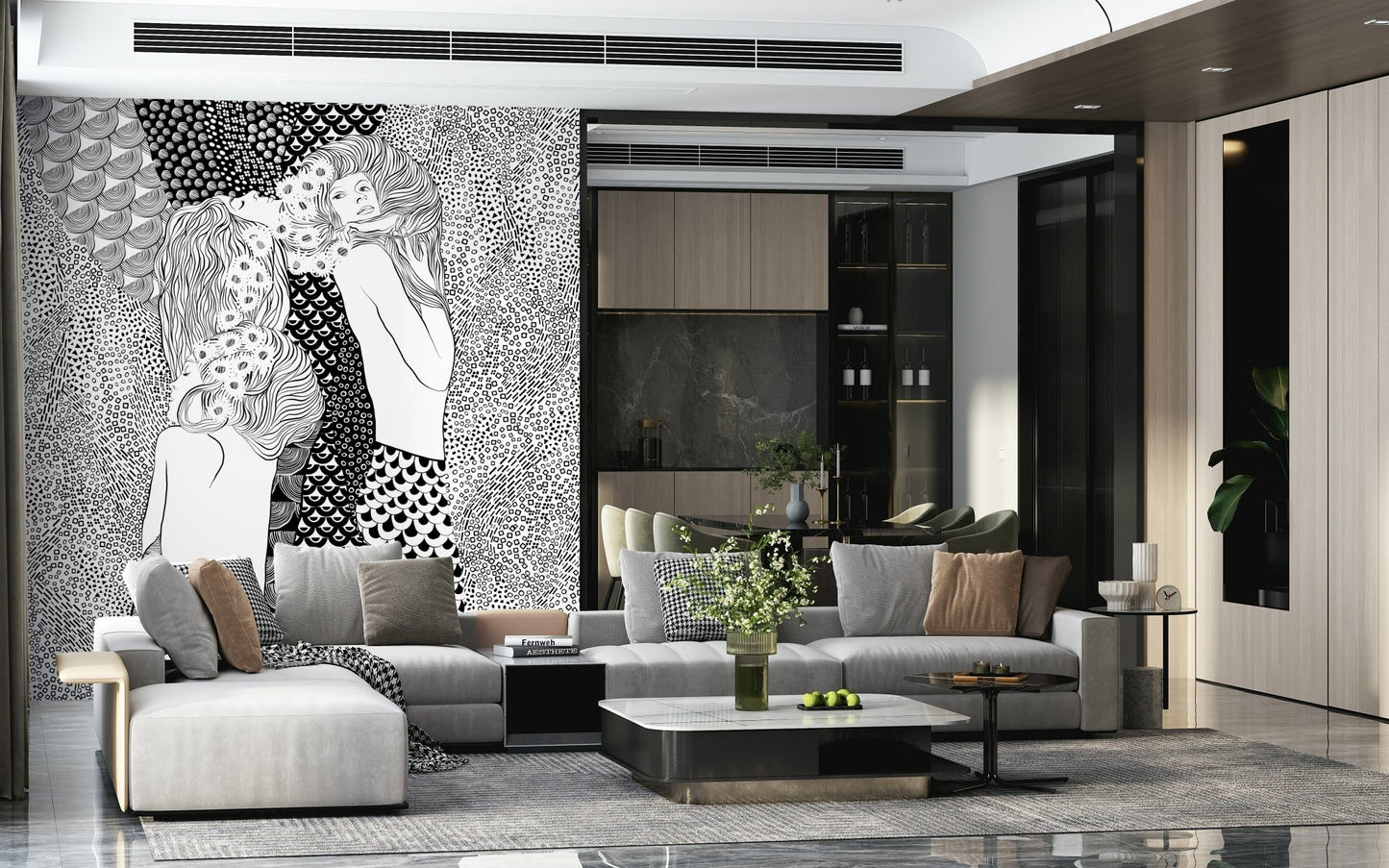 Water Serpents wallpaper mural in monochrome behind a gray sectional in a luxe modern living room