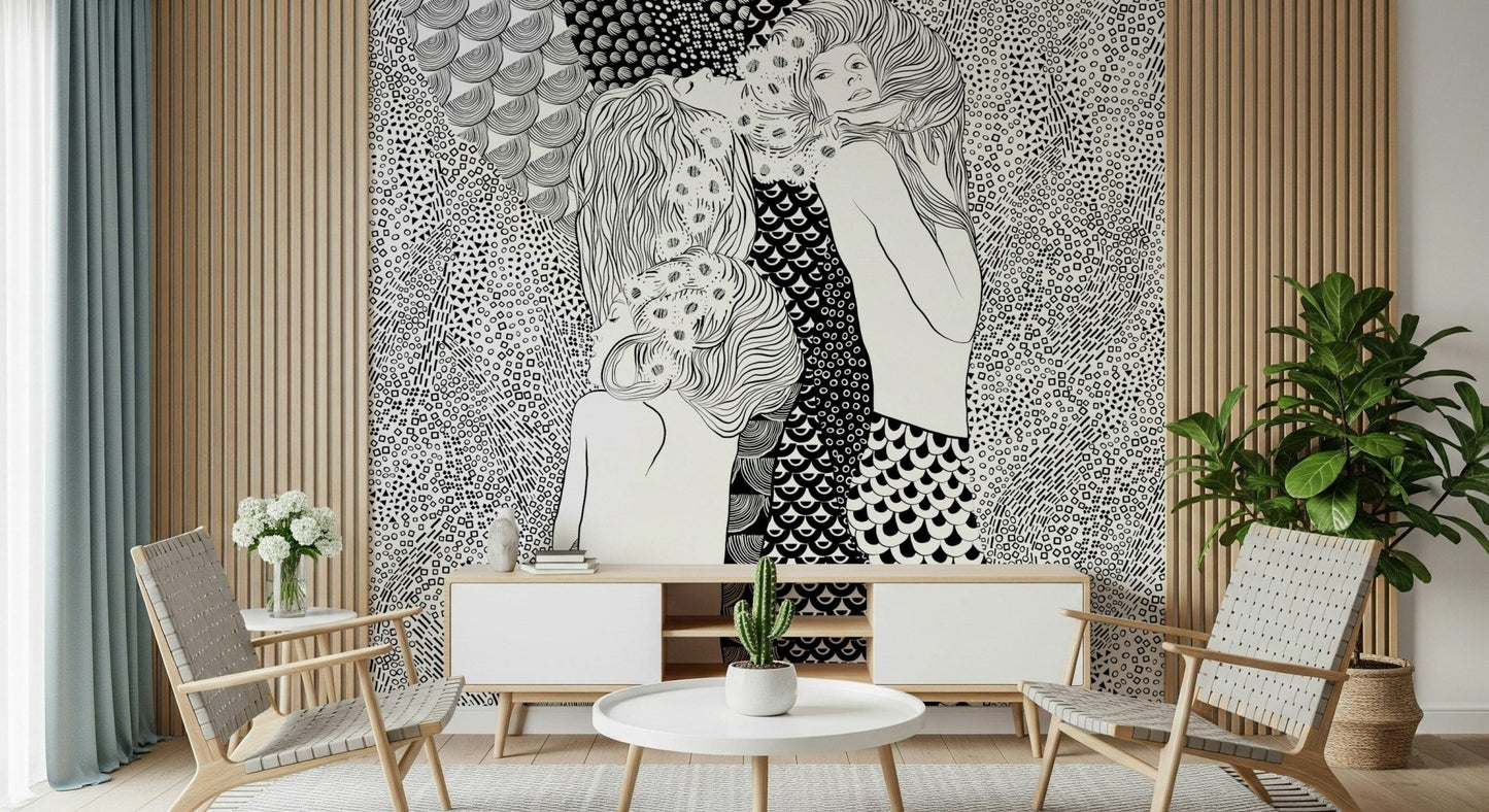Water Serpents wallpaper mural behind a white console and rattan chairs by a wood slat wall
