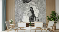 Water Serpents wallpaper mural behind a white console and rattan chairs by a wood slat wall