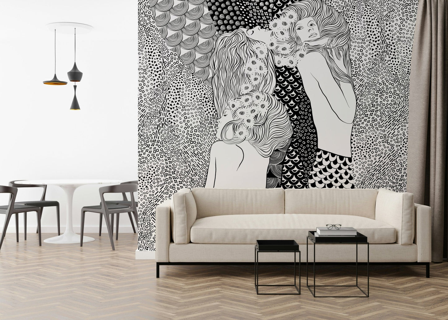 Water Serpents wallpaper mural of two women behind a cream sofa with black nesting tables