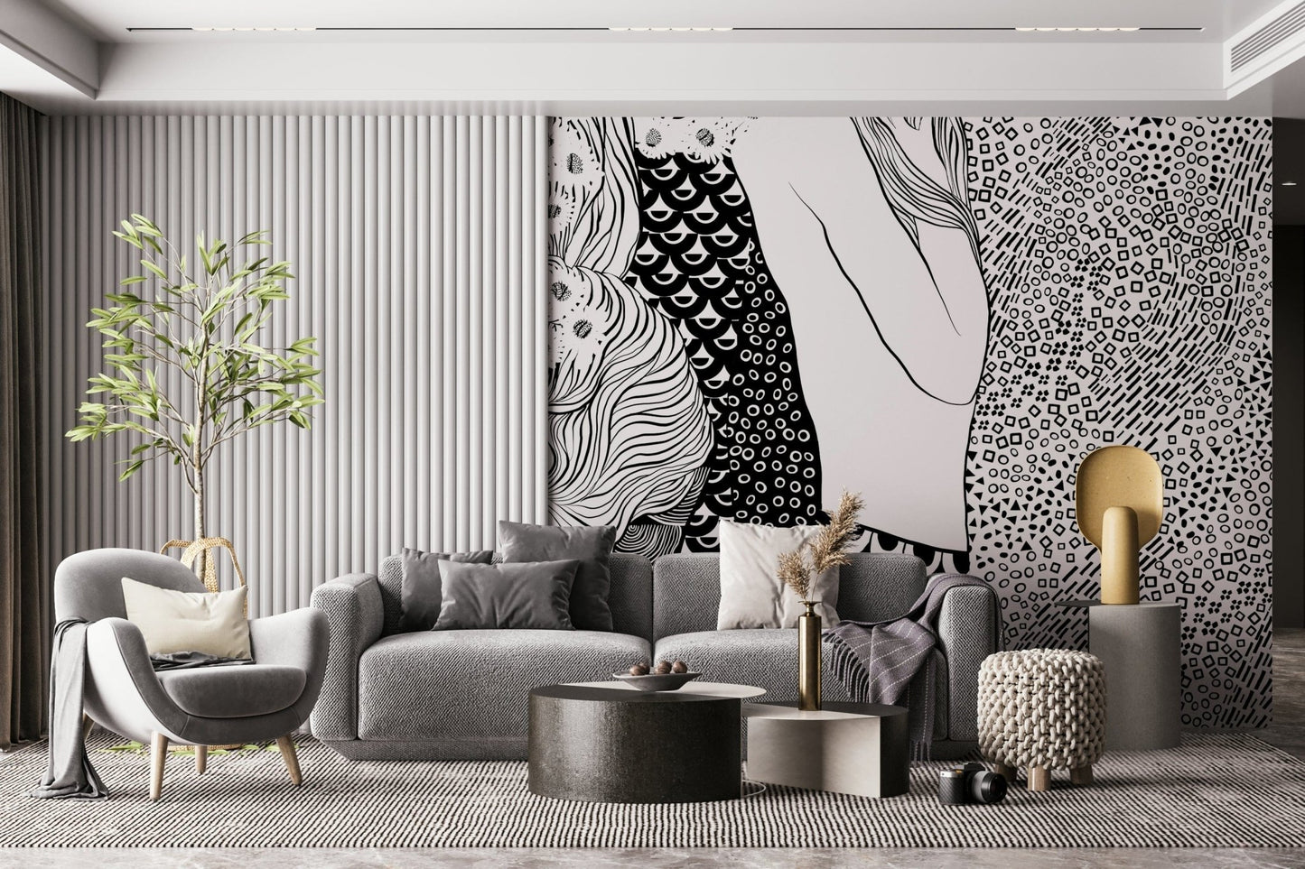 Water Serpents wallpaper mural beside a fluted wall above a gray sofa and gold side table
