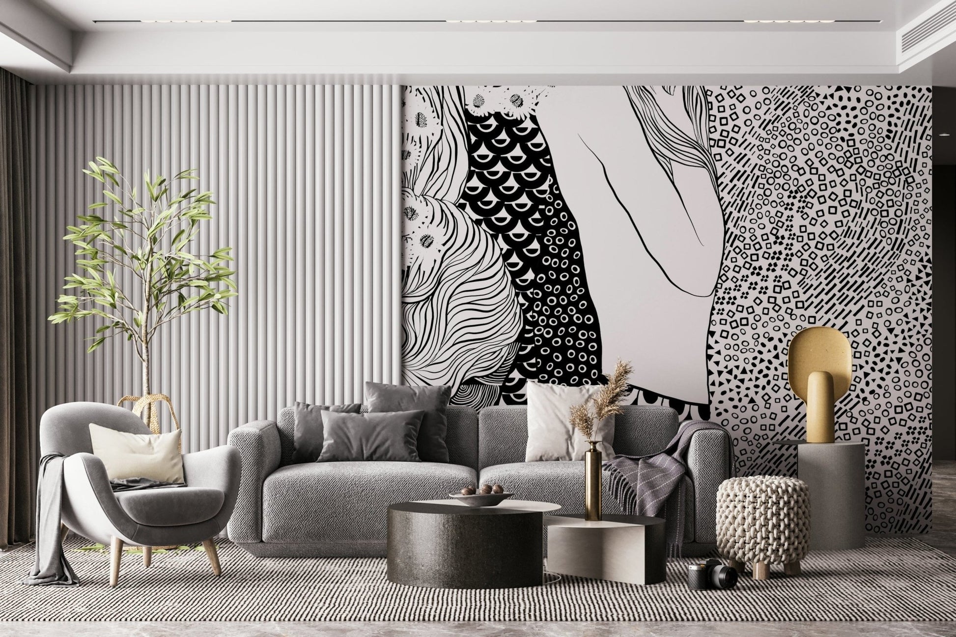 Water Serpents wallpaper mural beside a fluted wall above a gray sofa and gold side table
