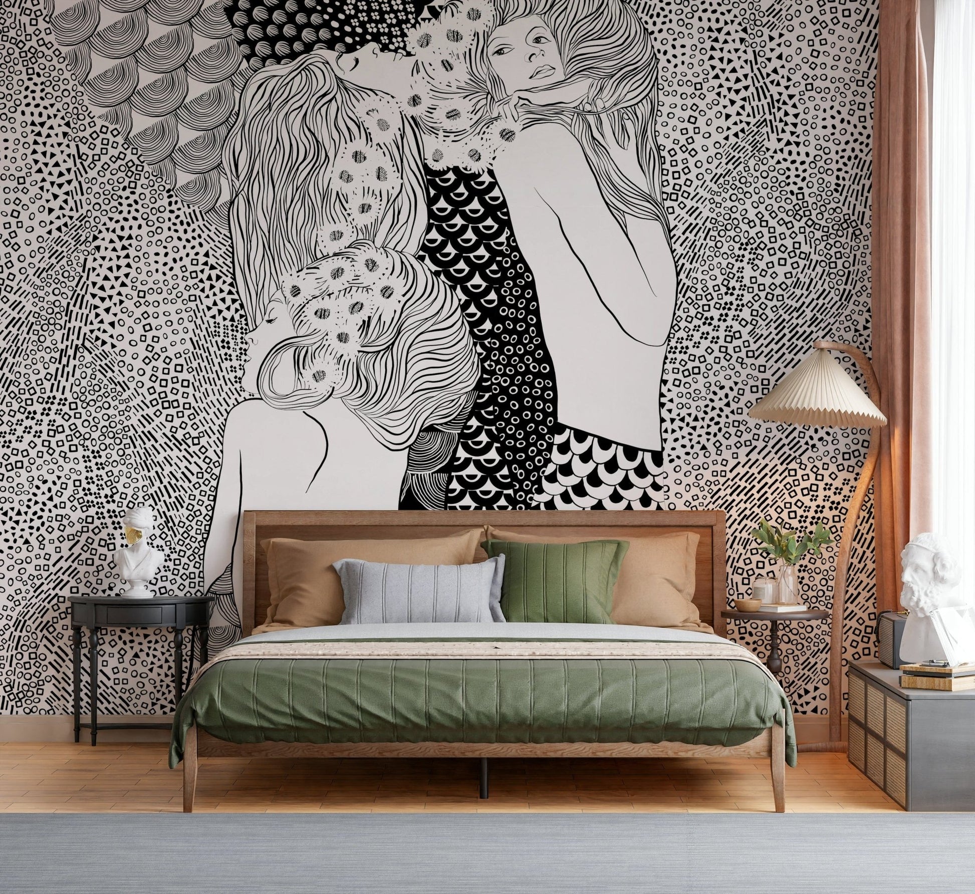 Water Serpents wallpaper mural of two women behind a wood bed with green and tan bedding