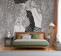 Water Serpents wallpaper mural of two women behind a wood bed with green and tan bedding