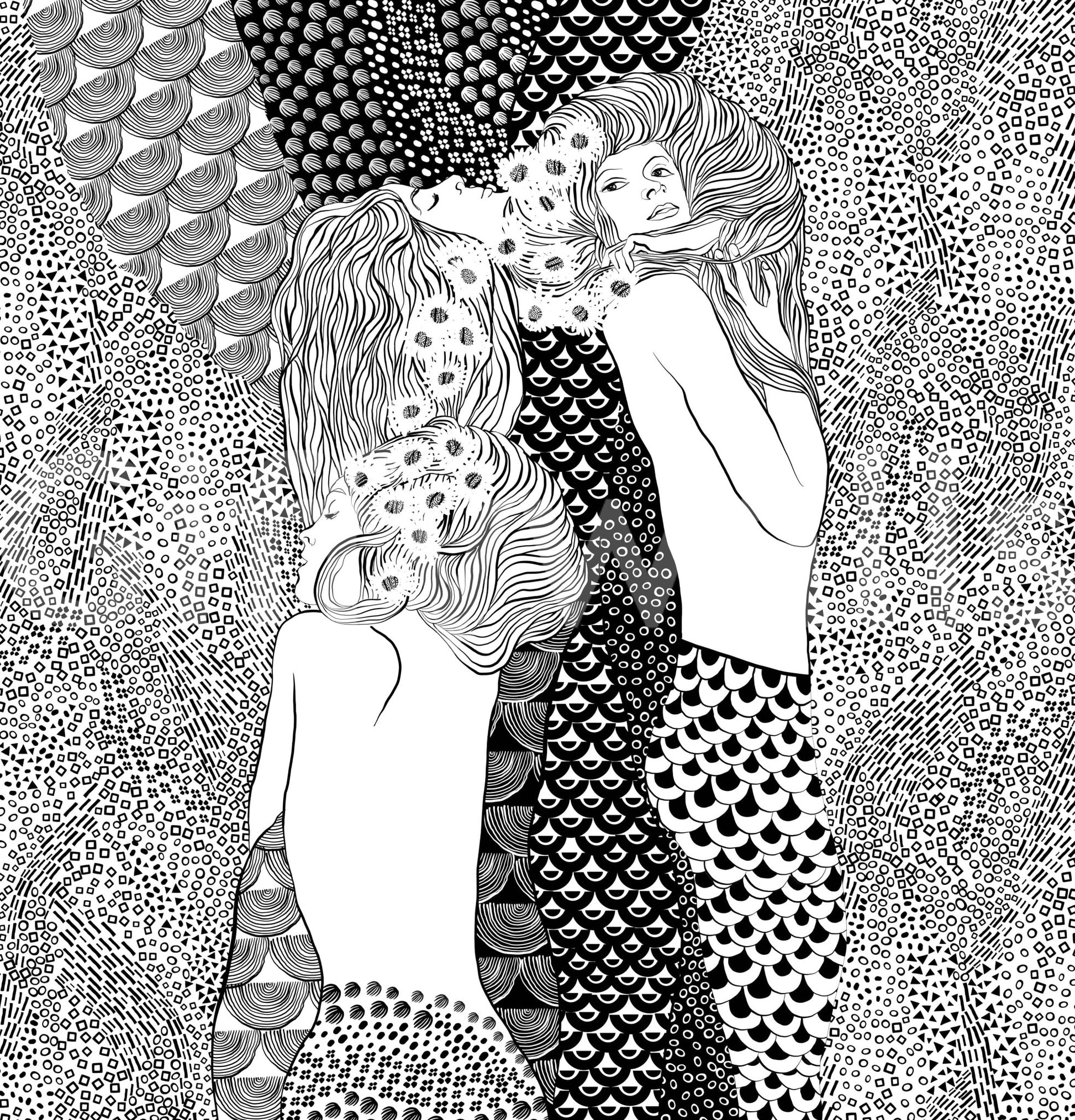 Water Serpents wallpaper mural close-up showing the two line-art women with flowing hair and scales