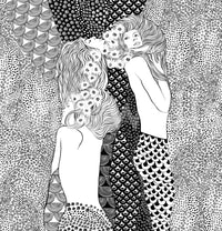 Water Serpents wallpaper mural close-up showing the two line-art women with flowing hair and scales