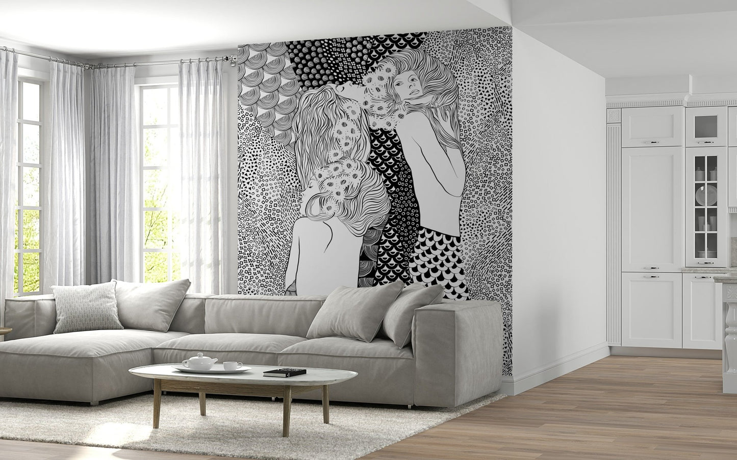 Water Serpents wallpaper mural in black and white behind a gray sectional sofa in a living room