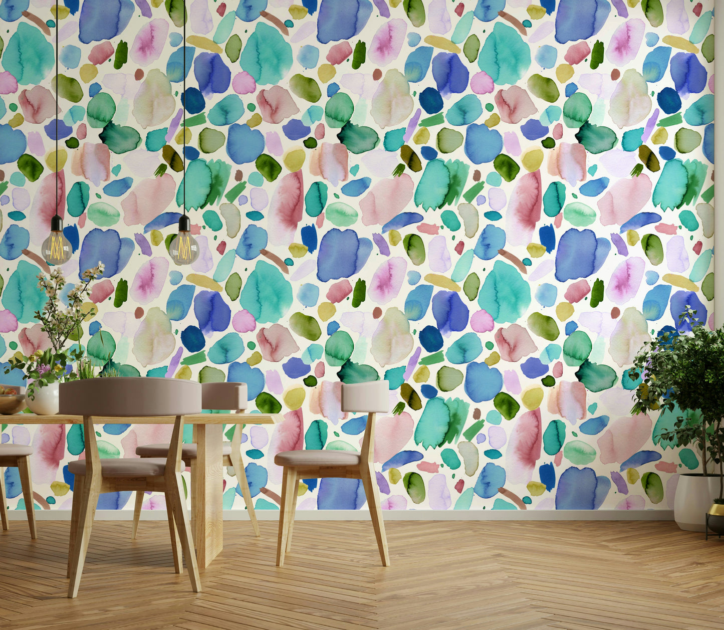 Hand-painted abstract wallpaper in varying blue tones.

