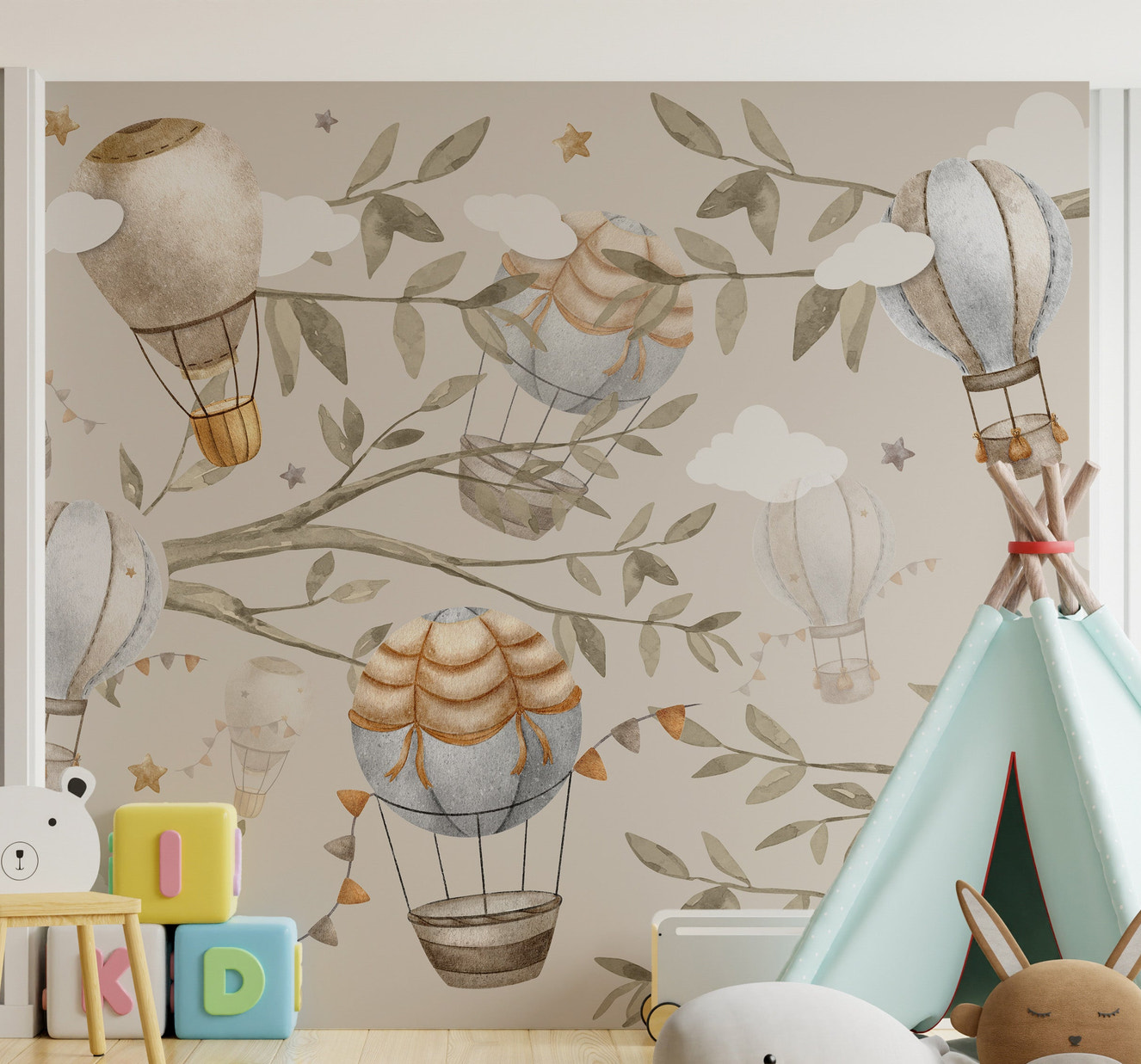 Kids room wallpaper featuring hot air balloons in watercolor