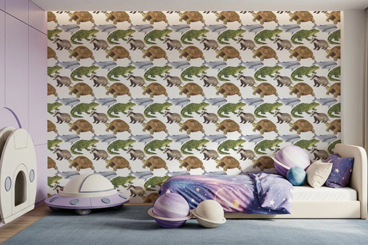 Whimsical whale and badger wallpaper for a kids room playful wildlife theme