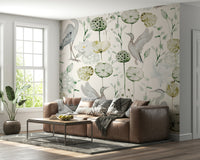 Watercolor Bird Haven calming wall mural with wetland imagery.