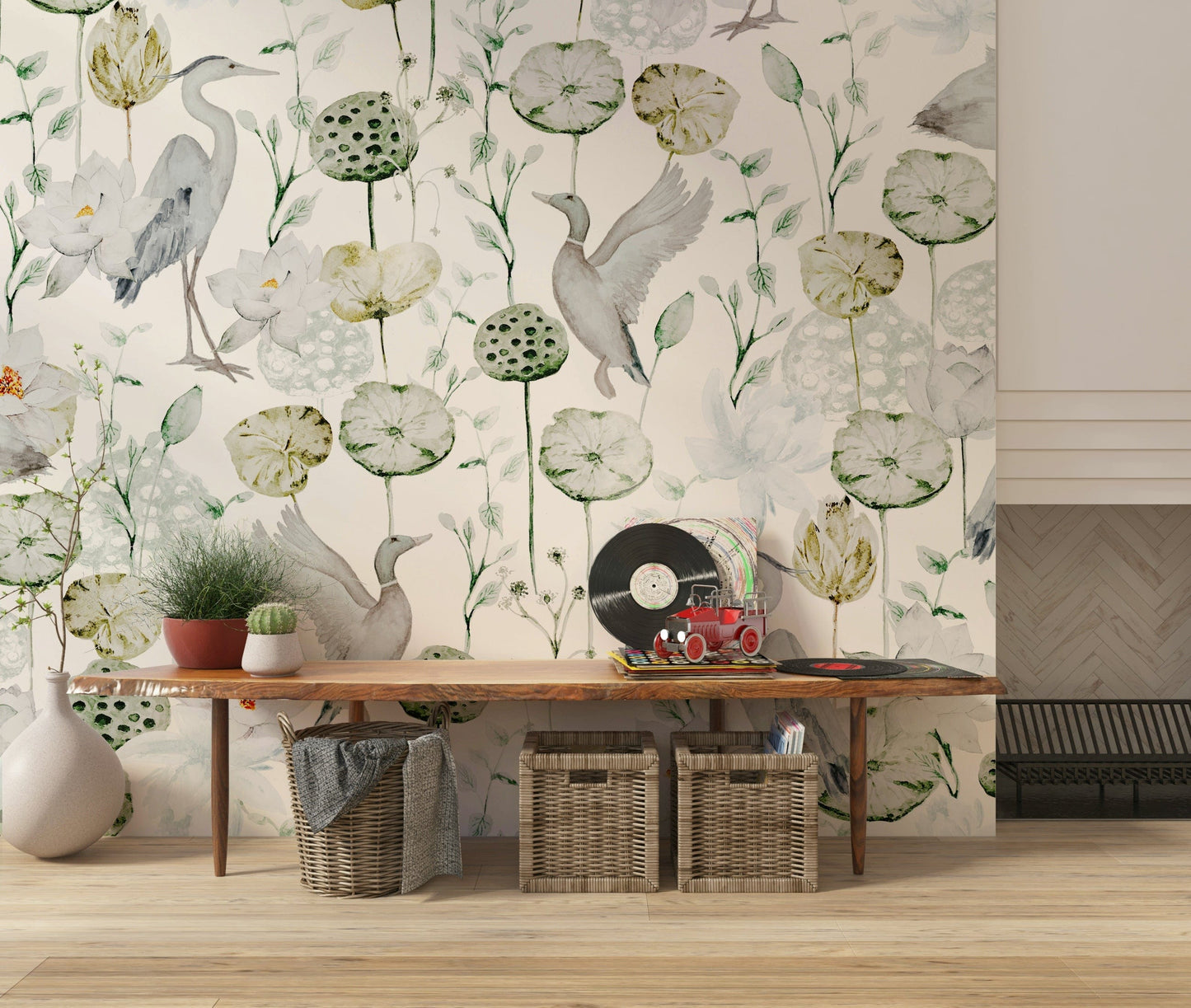 Luxury living room Watercolor Bird Haven paper with flying fowl.