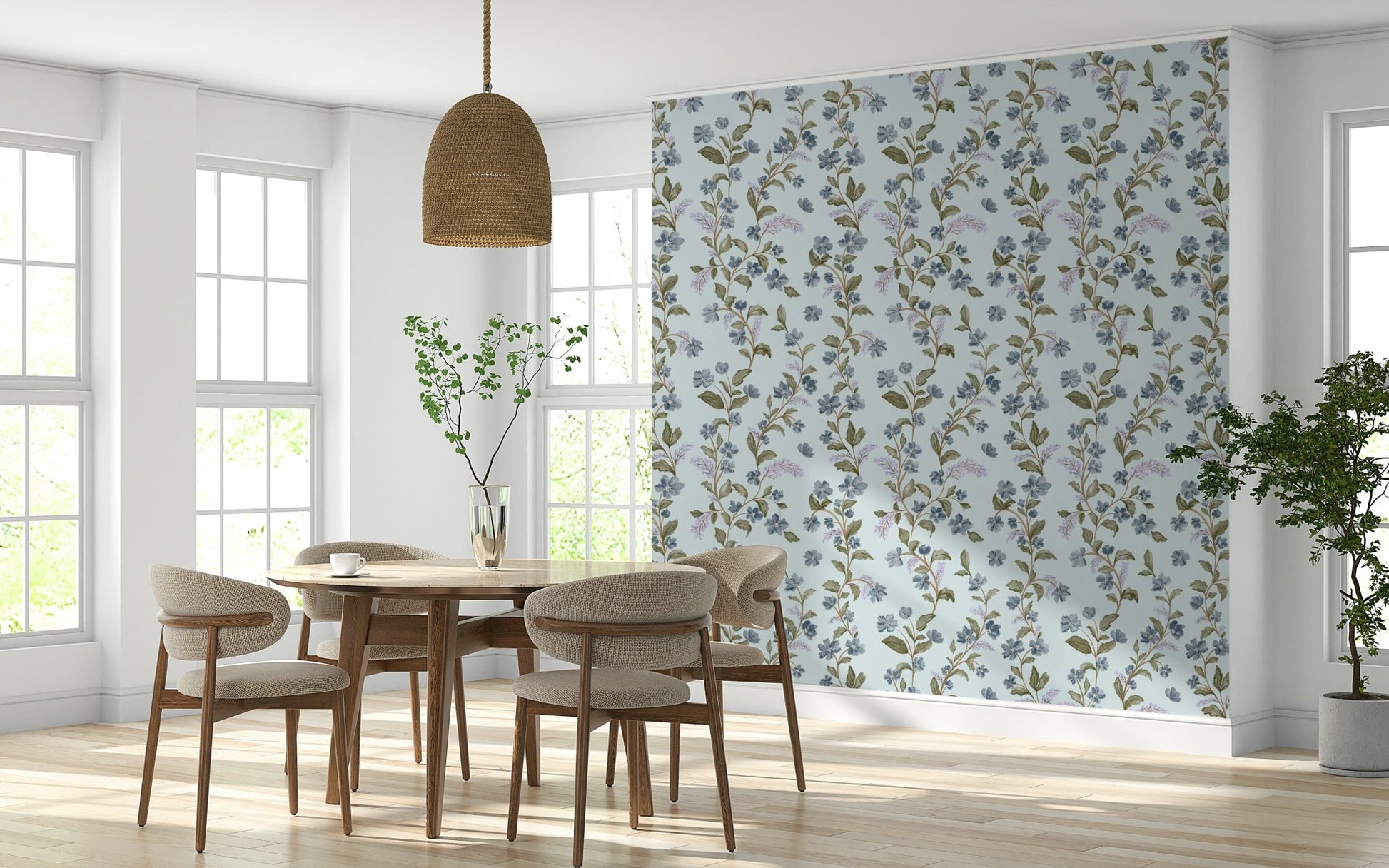 Watercolor Bloom Serenity wallpaper for walls subtle blue flower vine image.