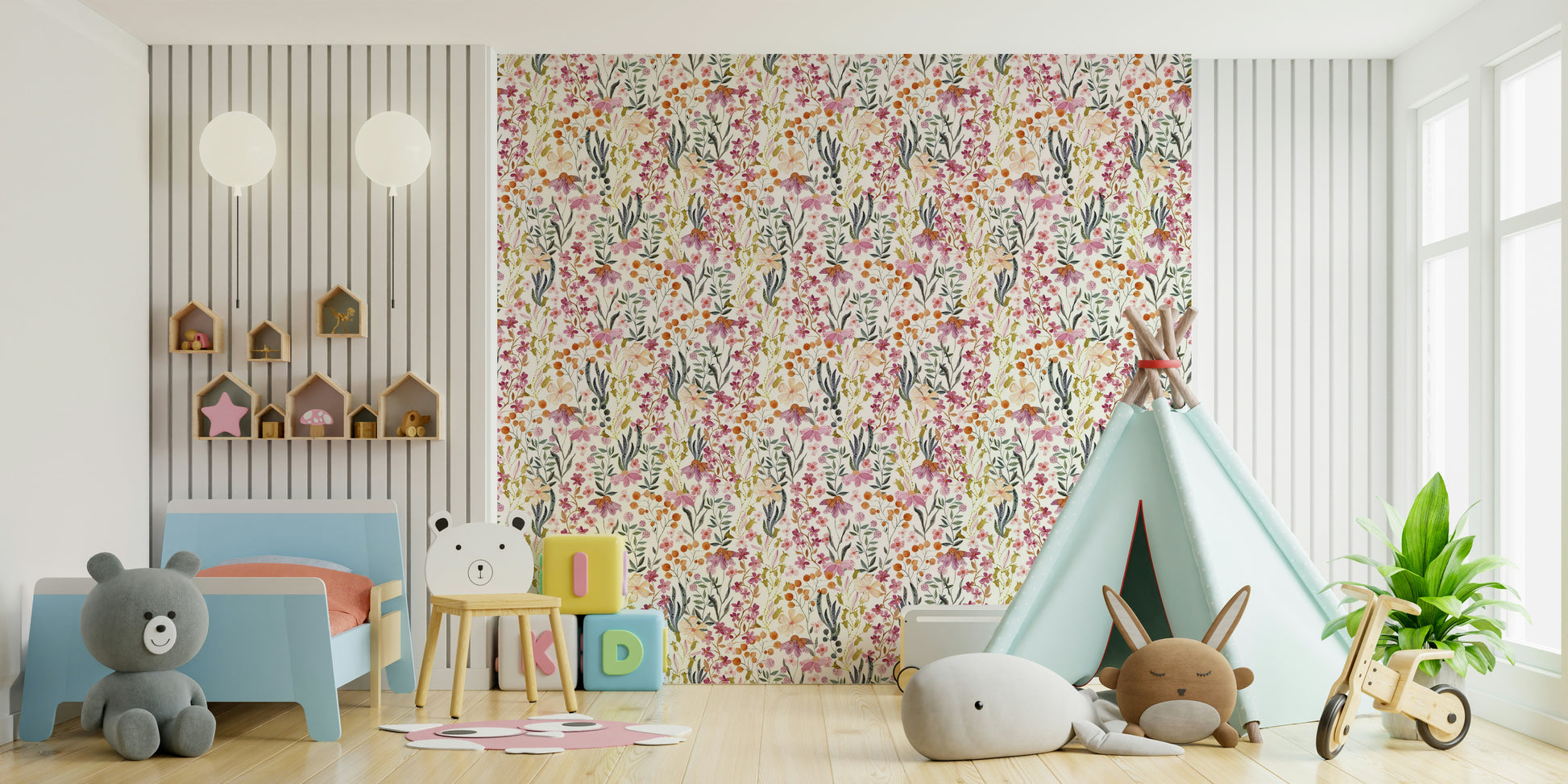 Watercolor-style wallpaper in calm bedroom

