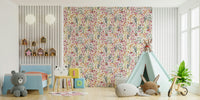 Watercolor-style wallpaper in calm bedroom

