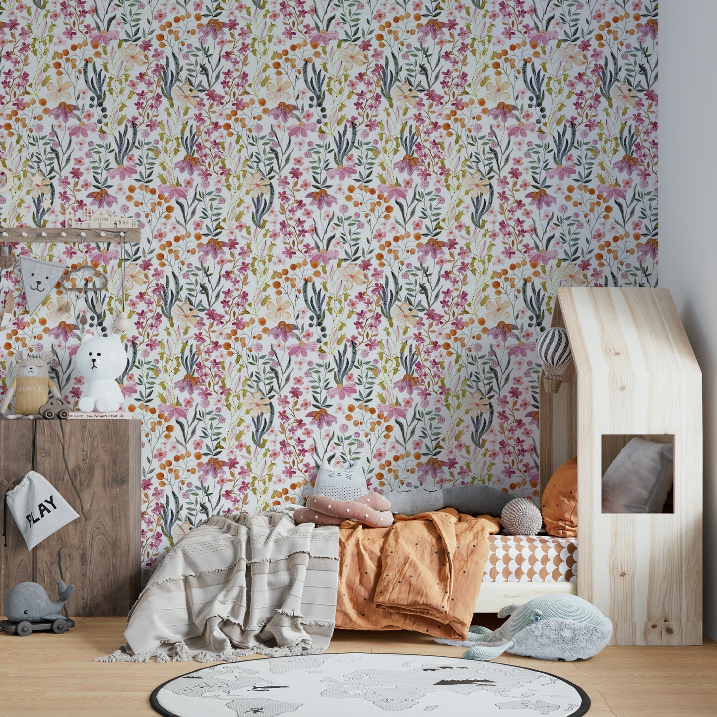 Bedroom with Watercolor Blossom Garden wall mural


