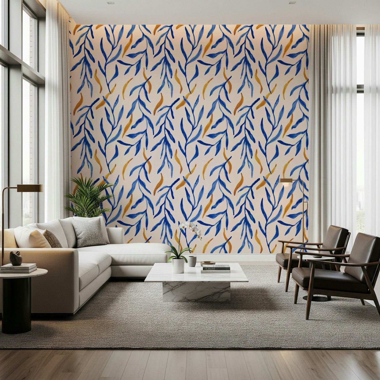 Watercolor blue and gold botanical wallpaper with soft painted leaves and elegant metallic accents.