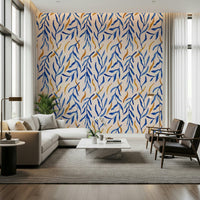 Watercolor blue and gold botanical wallpaper with soft painted leaves and elegant metallic accents.