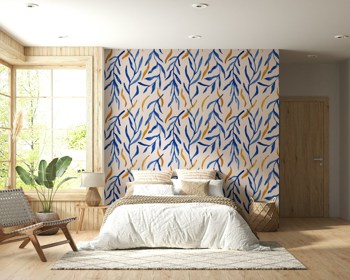 Elegant watercolor botanical print blending cool blues with warm gold tones.