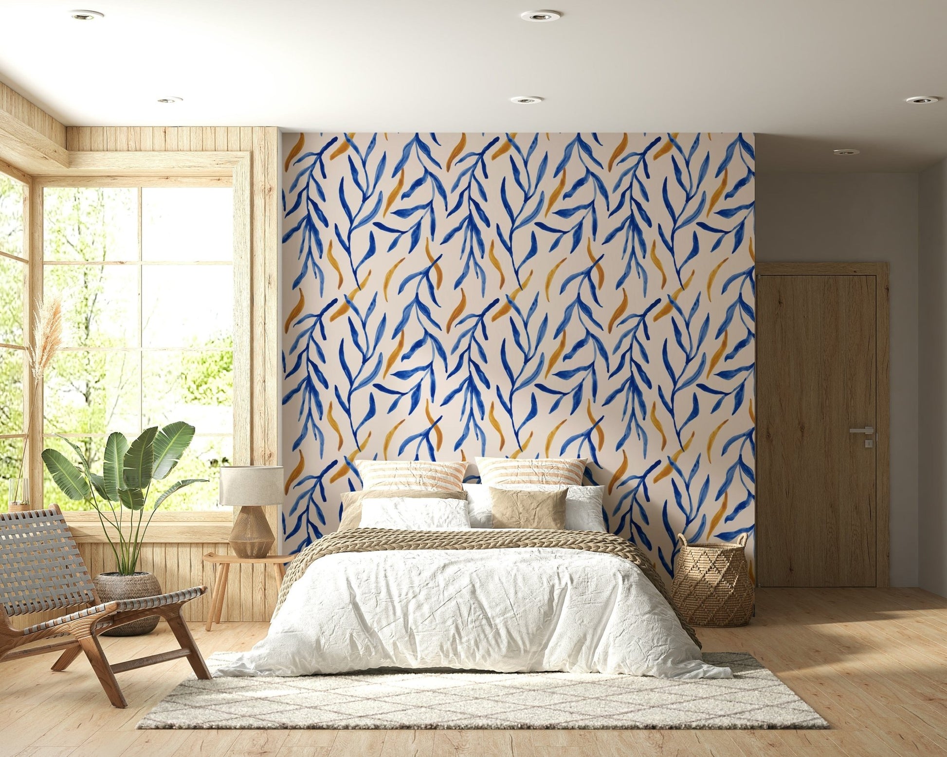 Elegant watercolor botanical print blending cool blues with warm gold tones.