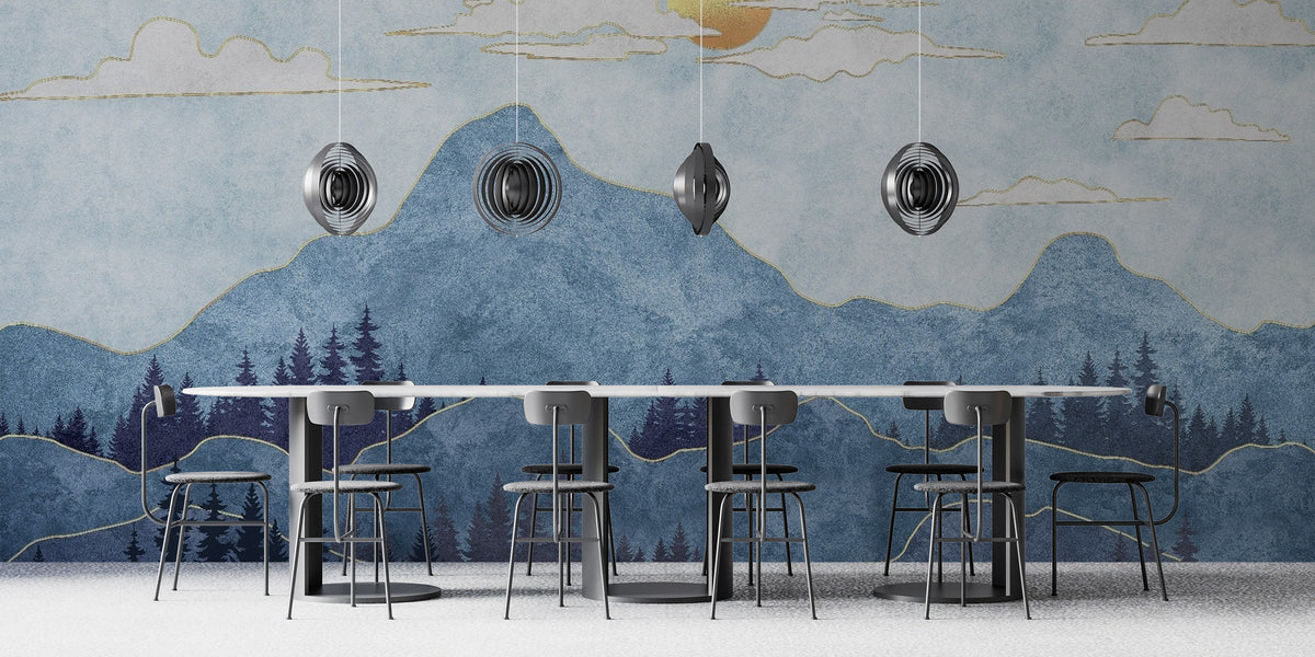 Watercolor Blue Mountain wallpaper mural shown as a full feature wall that highlights the design