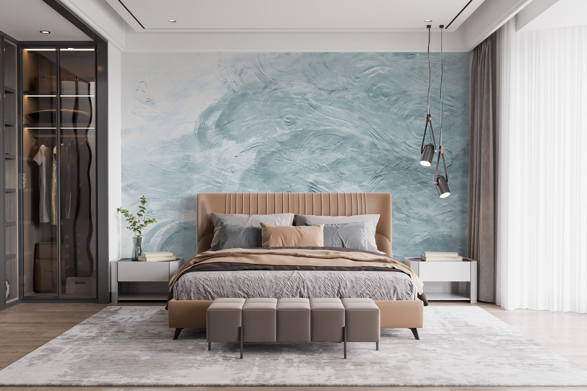 Watercolor Blue Waves wallpaper mural styled along a hallway feature wall near a console in blue tones