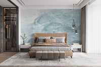 Watercolor Blue Waves wallpaper mural styled along a hallway feature wall near a console in blue tones