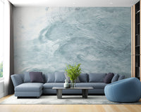 Watercolor Blue Waves wallpaper mural as a feature wall in a home office workspace in blue tones