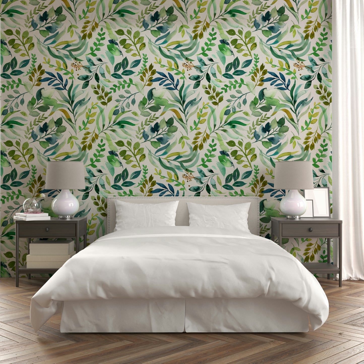 Soft botanical mural ideal for bedrooms and calm interiors.

