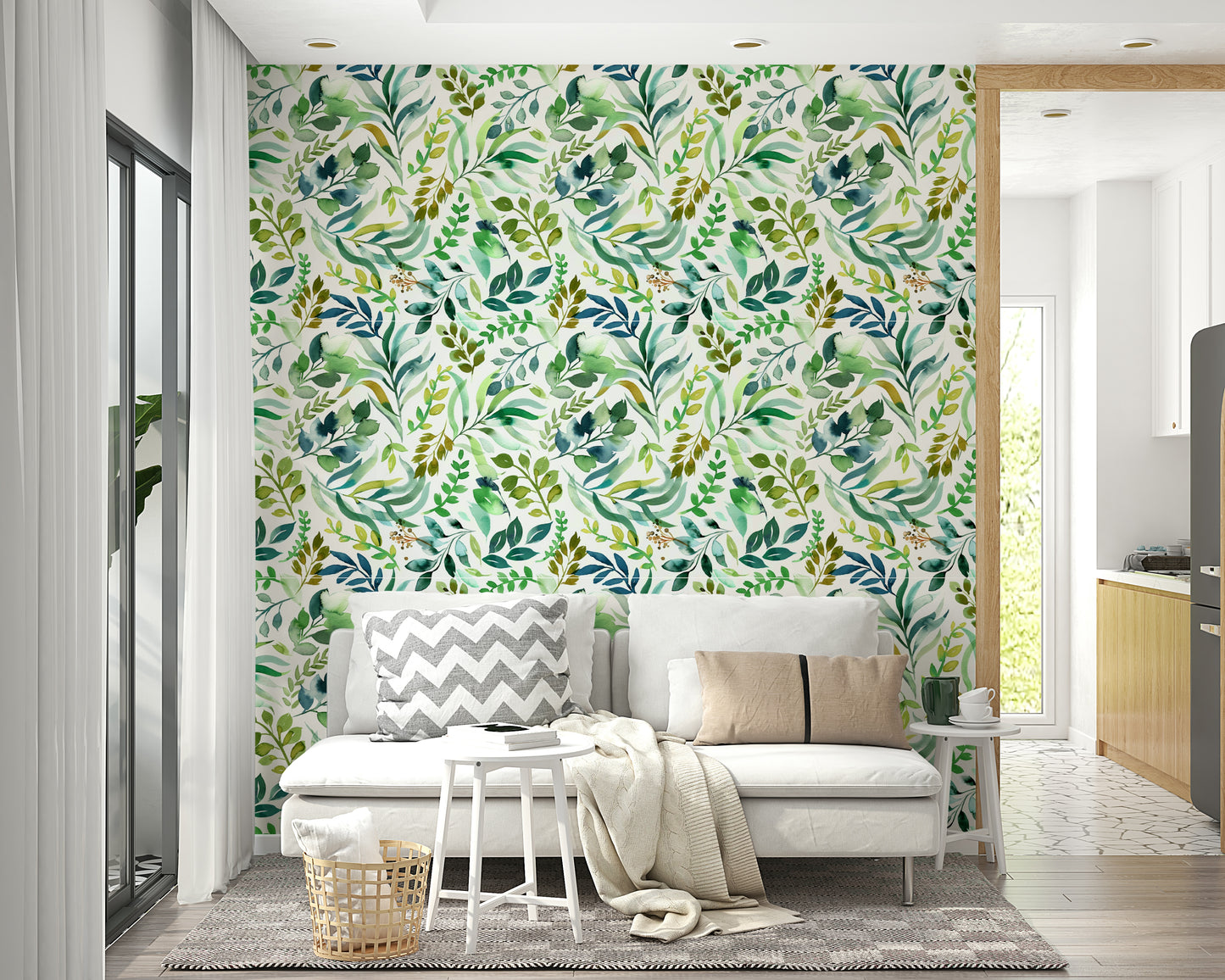 Wallpaper with hand-drawn leaves in subtle green shades.

