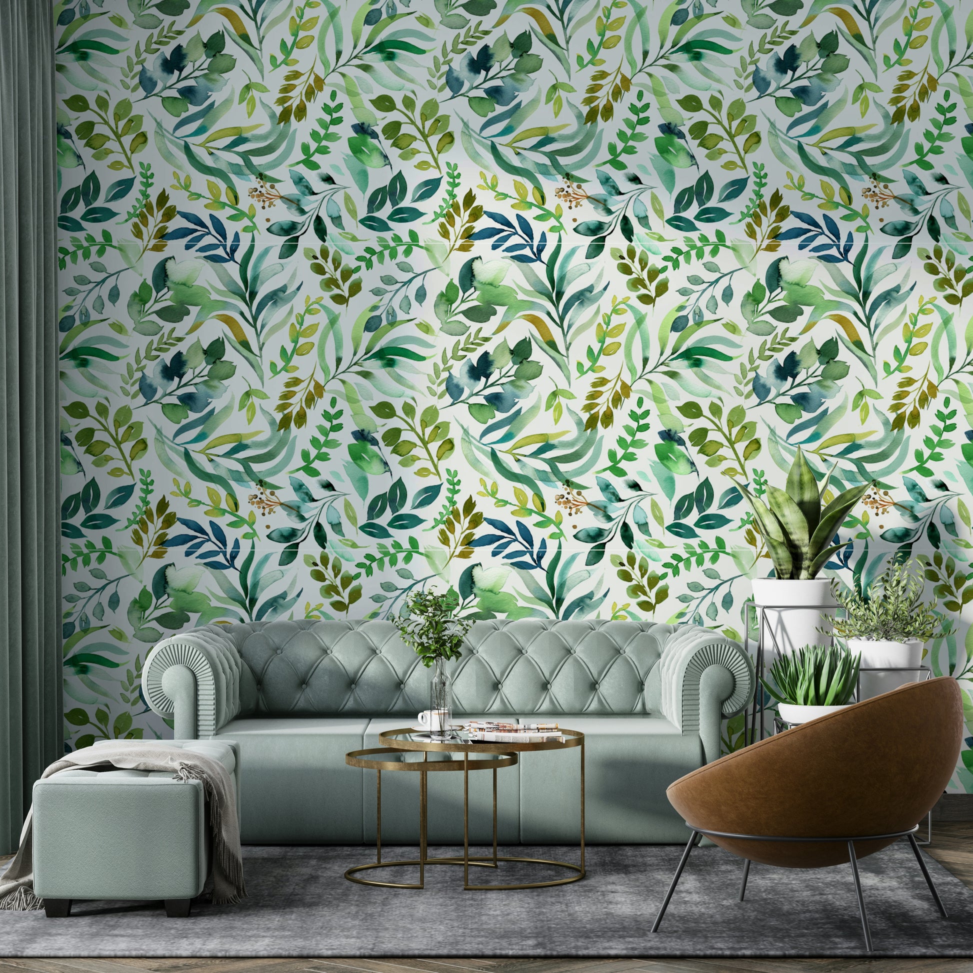 Artistic wallpaper with natural green watercolor leaves.

