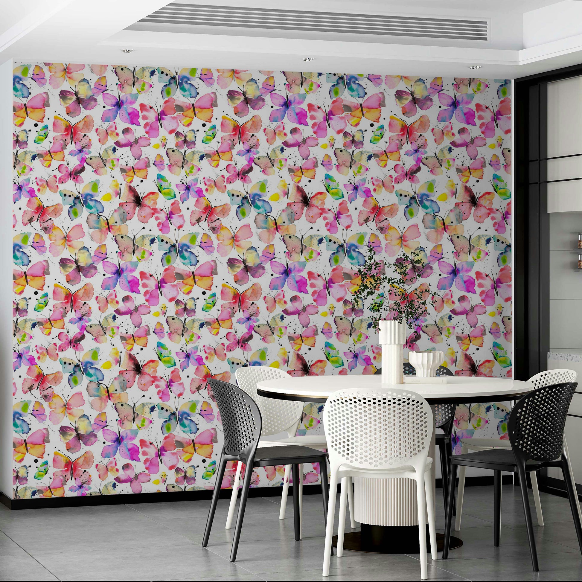 Nature-inspired mural with watercolor butterfly elements.

