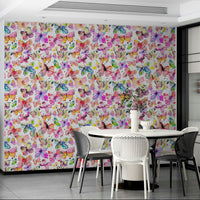 Nature-inspired mural with watercolor butterfly elements.

