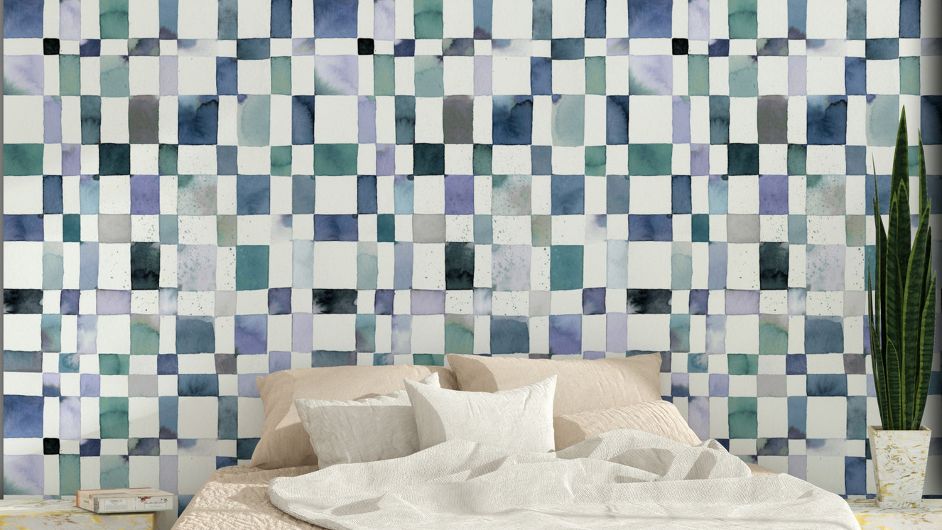 Blue check wallpaper with hand-painted watercolor texture.

