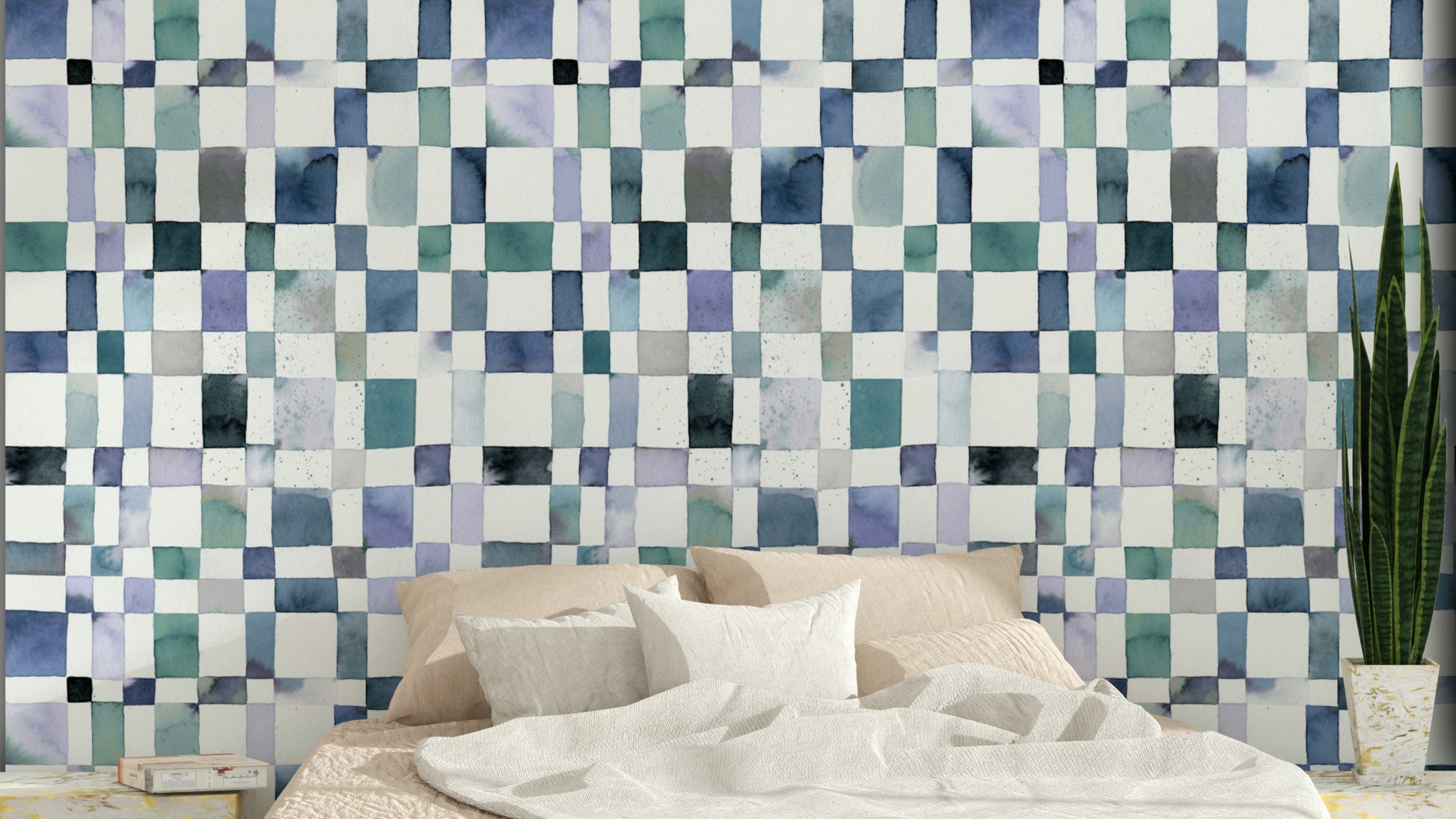 Blue check wallpaper with hand-painted watercolor texture.

