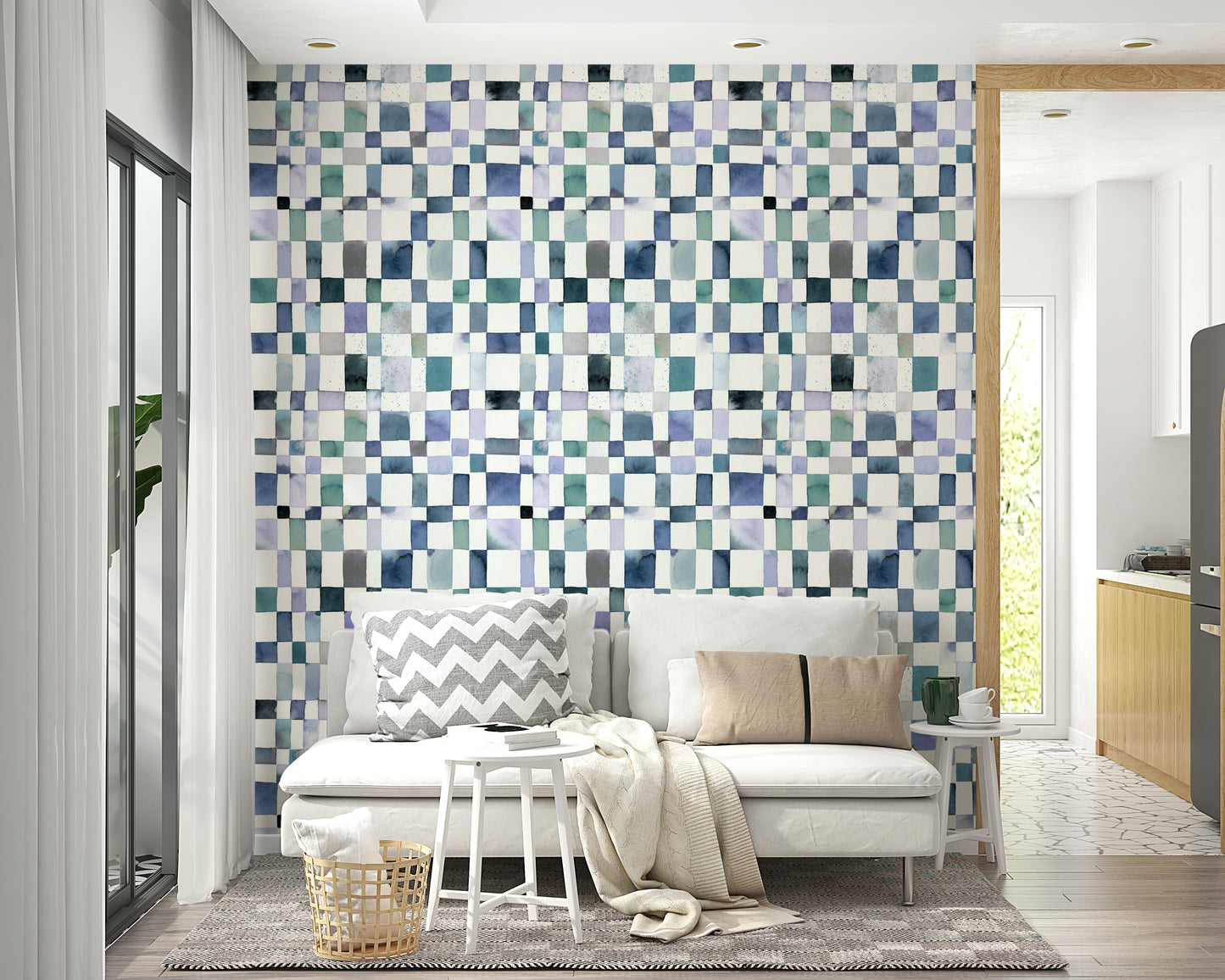 Wallpaper with watercolor-style checks for modern interiors.

