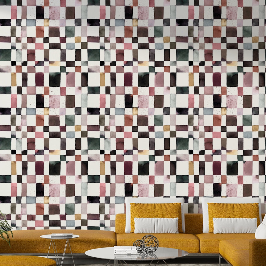 Watercolor Checker Geometric Wallpaper with hand-painted square pattern.

