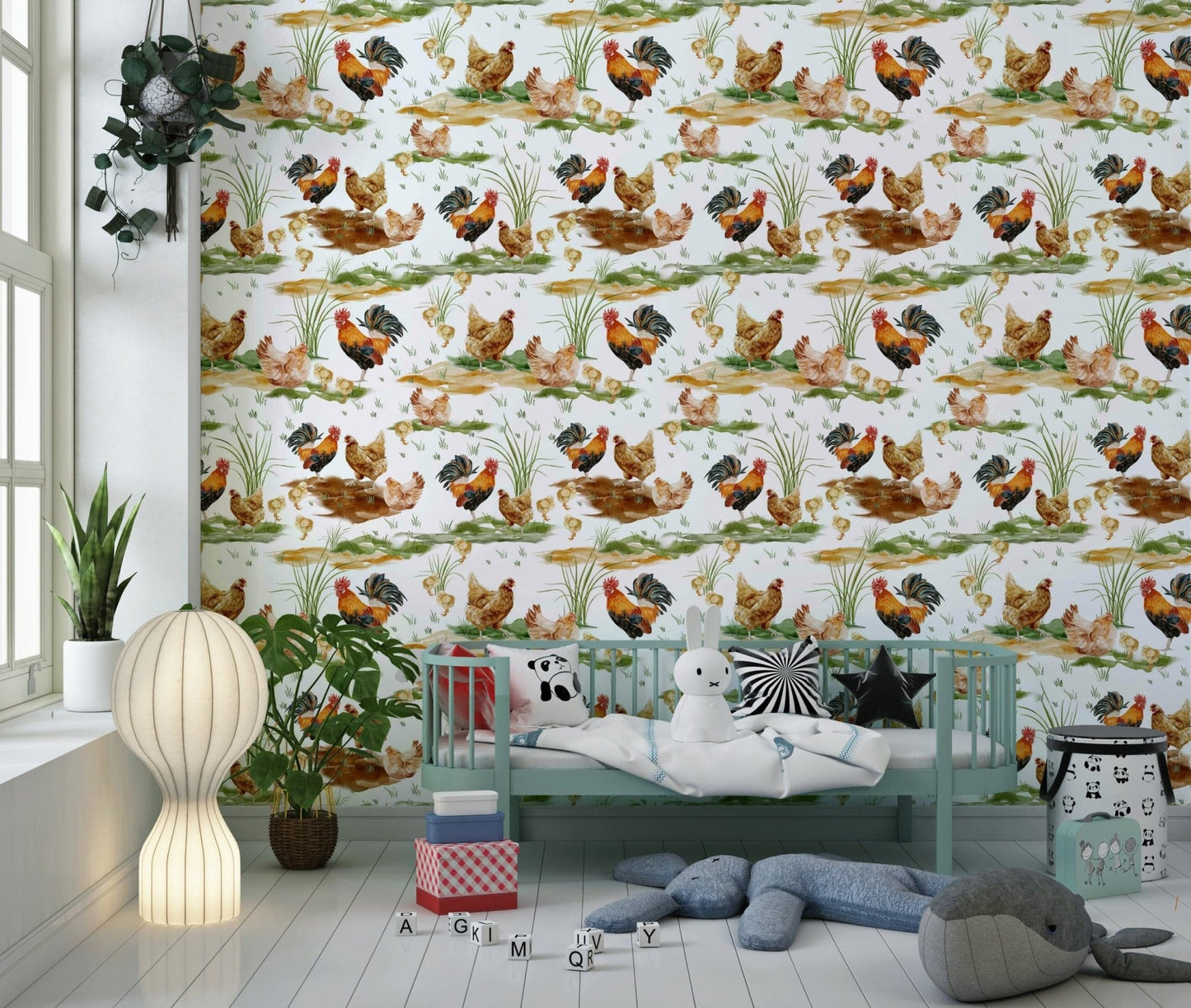 Rustic scene Watercolor Chicken Coop wallpaper print, nature setting.